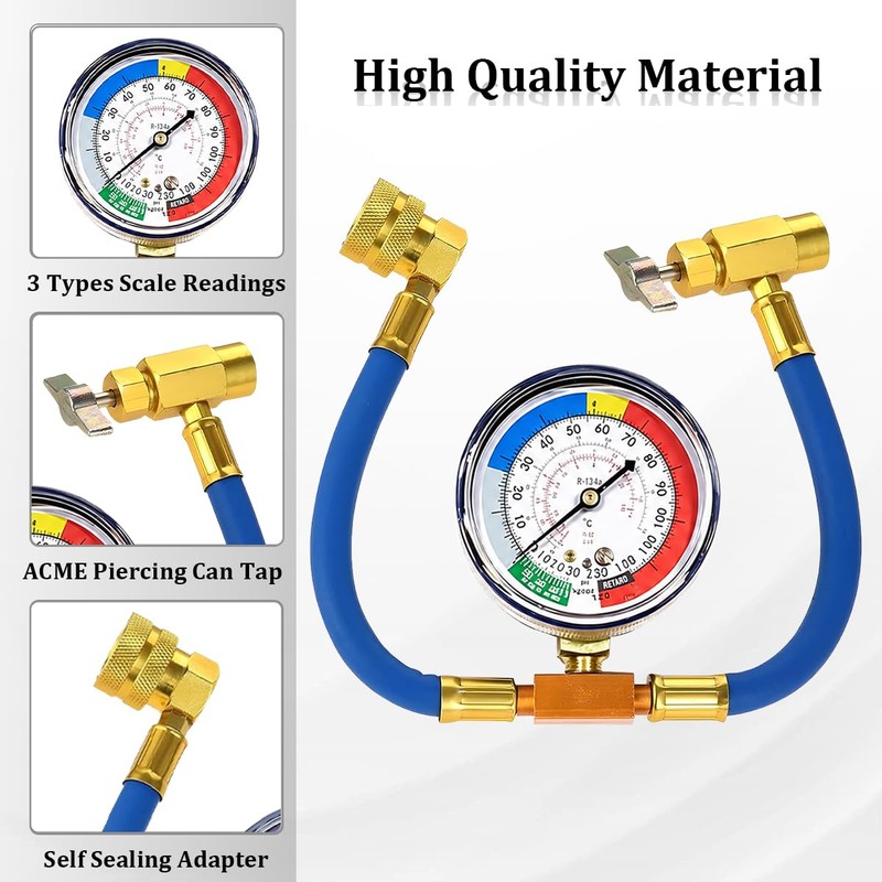 1/2 Inch R134A AC Refrigerant Charge Hose Kit with Gauge