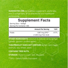 DEAL SUPPLEMENT Folic Acid 1000 mcg (1 mg), 500 Coconut Oil Softgels | Bioavailable Prenatal Vitamins (Vitamin B9) – 1,667 mcg DFE – Easy to Swallow, Non-GMO, & No Gluten