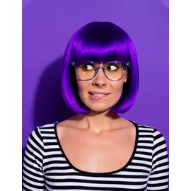 Pink Bob Wig with Bangs and Party Sunglasses, Cosplay Party Costume Accessories (Purple)