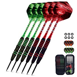 JEIINT 6 Pcs Professional Competition Darts Durable Steel Needle Tip Iron Barrels Aluminum Shaft Training Darts 12 Flights Red Green Two Colors One Set/Box 21g Each