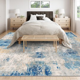 Lahome Modern Abstract 9x12 Area Rugs for Living Room, Washable Living Room Rug for Bedroom Low Pile Non Slip, Soft Indoor Accent Carpet for Dining Room Table Apartment, Blue/Grey