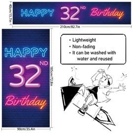 Neon Happy 32nd Birthday Door Cover Porch Banner and Large Yard Sign Set Decor Colorful - Glow Neon Theme 32 Years Old Birthday Party Decoraions for Men Women Supplies