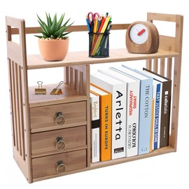 HAPPCUCOE Desktop Bookshelf Storage Organizer Adjustable Office Desk Display Shelf Rack with 3 Drawers for Office Bedroom Living Room New (Wooden Color)