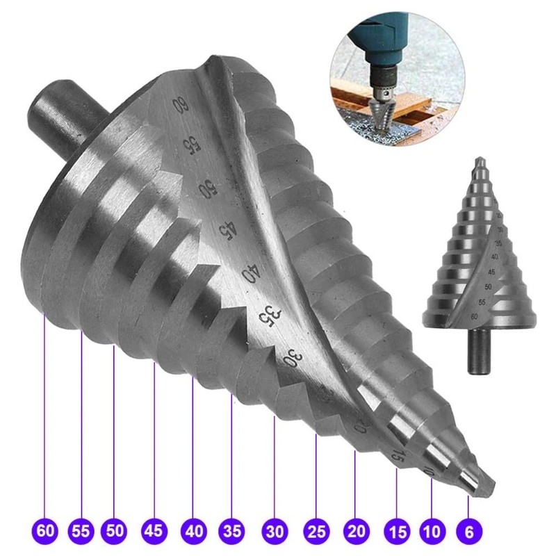HSS Spiral Step Cone Drill Bit, 6-60mm, Metal and Wood
