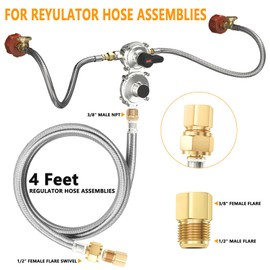2-Stage Auto Changeover LP Propane Gas Regulator with 48''Stainless Braided Regulator Hose Assemblies and Two 18"RV Pigtail Propane Hoses with Gauge Dual Propane Tank Regulator for RVs, Trailers,Campe