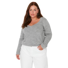 TRENDYOL Women's V-Neck Plain Regular Plus Size Pullover Sweatshirt, lightgrey