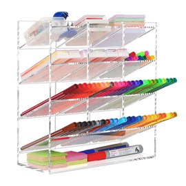 Cutora Acrylic Marker Organizer Clear Pen Holder for Desk Color Pencil Organizer Art Supply Desktop Storage Rack Copic Marker Stand with 10 Compartments for School Office