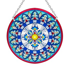 Sun Stained Glass Window Hanging, Mandala Stained Glass Panels with Chain, Boho Art Suncatchers for Windows, Sun Catchers Ornament for Home Wall Art Decor (Round, 6in)