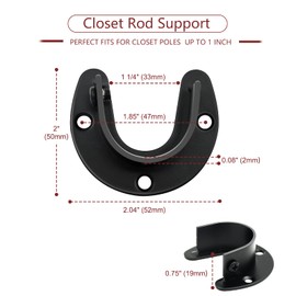 Closet Rod Brackets Heavy Duty Stainless Steel Closet Rod End Support Pole Sockets Wardrobe Flange Set Shower Rod Holder Metal U Shaped 1 1/4 Inch Closet Rods Bracket Black 4 Pack