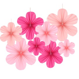 9 Pcs Paper Fans Flowers Decorations Pink Paper Floral Fans Hanging Ornaments for Valentines Day Birthday Baby Shower Graduation Galentines Day Decor