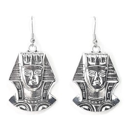 King Tut - Egyptian Pharaoh Bust - 26x37mm - Tibetan Silver charm dangle earrings. Hypoallergenic Stainless-Steel Fishhook or Silver Plated Ball-Post, or Clip-on Earrings Opt.