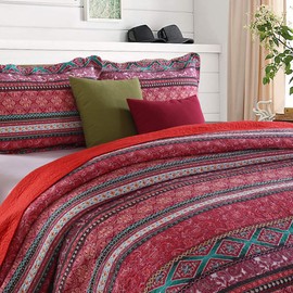 NEWLAKE Cotton Bedspread Quilt Sets-Reversible Patchwork Coverlet Set, Striped Bohemian Pattern,King Size