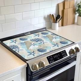 Stove Top Cover for Electrics, Beach Seashell Coral Starfish Glass Ceramic Stove Cover, Heat Resistant Flat Stovetop Protector, Dish Drying Mats for Kitchen