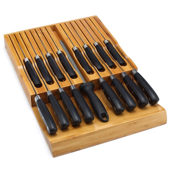 In-Drawer Knife Block,Bamboo Knife Drawer Organizer Insert, Kitchen Knife Drawer Storage for 16 Knives PLUS a Slot for your Knife Sharpener (Without Knives)