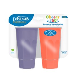 Dr. Brown's Milestones Cheers 360 Training Cup for Toddlers & Babies, Leak-Free Sippy Cup, Purple/Coral, 10oz/300mL, 9m+, 2 Pack