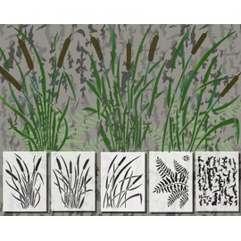 Acid Tactical® 5 Pack - 14" Camouflage Airbrush Spray Paint Stencils - Duracoat Gun Duck Boat Camo - Cattails Bark & Fern Set