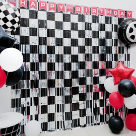 Race Car Birthday Party Decoration, 4 Pack Race Car Party Backdrop Photo Booth Prop, Black and Silver Checkered Fringe Curtains Tinsel Photo Streamers for One Happy Dude Race Car Theme Party Supplies