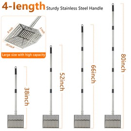 Toomprover 304 Stainless Steel Chicken Poop Scooper & Rake 2-in-1 with Spill-Proof Sides, 10 inch Coop Scoop - 38" to 80" Adjustable Handle & Perfect Sifting Holes