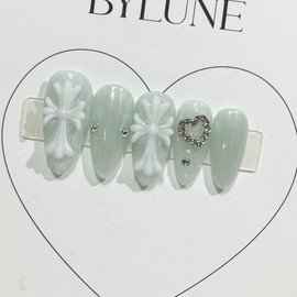 Mint Cross Handmade Nail Tips Nail Tips - Almond / 민트 크로스 수제네일팁 네일팁 - 아몬드