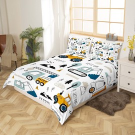 Loussiesd Cartoon Car Kids Bedding Set Construction Bedding Duvet Cover Decor Equipment Trucks Comforter Cover Cartoon Car Excavator Tractor White Yellow Bedspread Cover Bedroom Double 3Pcs