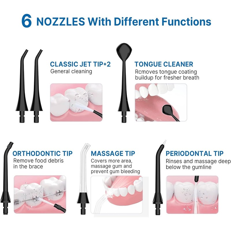 6 Nozzles for Sawgmore TH2D4 Oral Irrigator Black