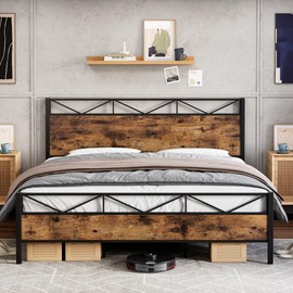 Senfot King Bed Frame with Rustic Wood Headboard, Metal Platform Bed Frame King Heavy Duty, Sturdy Steel Slat Support, No Box Spring Needed, Brown