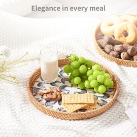 Rattan Tray with Mother of Pearl Inlay, Round Rattan Serving Tray with Wooden Base, Decorative Wicker Basket for Table Decor, Storage and Display of Jewelry Coffee Bread Food Fruit (Sapphire Blue)