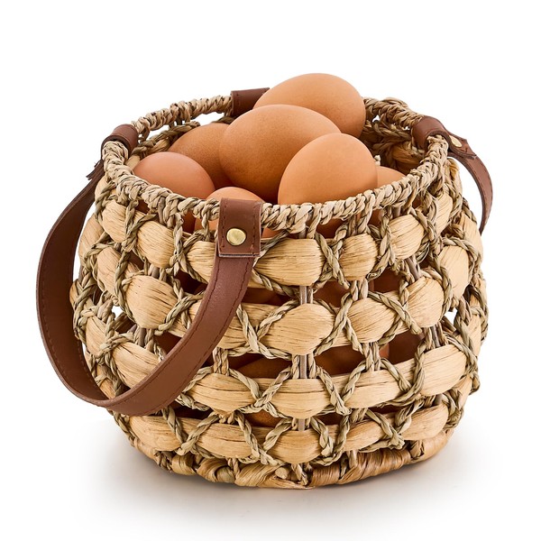 LGENHOOM Round Handwoven Water Hyacinth Egg Basket, Egg Collecting Basket,