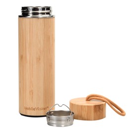 Bamboo Water Bottle with Carrying Handle, Insulated Stainless Steel Thermos, Double Wall Tumbler for Hot/Cold Tea, Coffee, and Juices, 16 oz