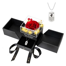 Rosa Roja Preservada con Collar, Flores Rosa Eternas Regalo para Mamá, Abuela, Esposa o Novia en Día de la Madre, San Valentín, Navidad, Aniversario Romántico (Rojo-3)