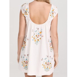 OFSOAK Women Embroidered Dress Floral Mini Babydoll Dress Casual Summer Boho Linen Ruffle Shoulder Beach Short Sundress White