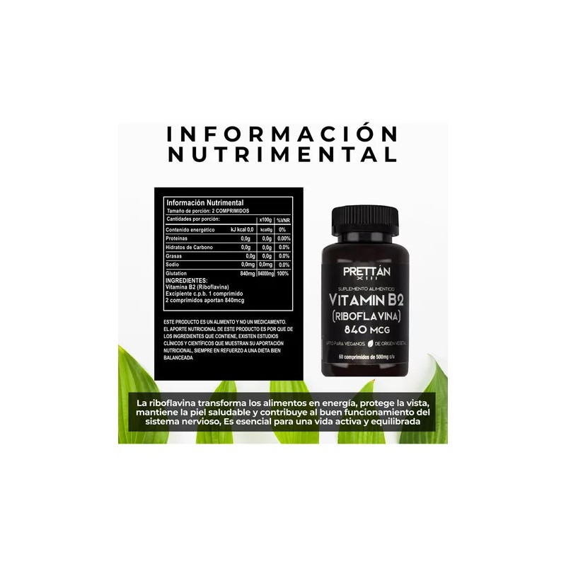 Vitamina B2 Riboflavina Prettan 60 Capsulas 500mg