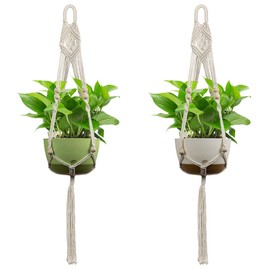 USLAI Plant Hanger, Indoor Outdoor Macrame Hanging Planter Basket, with Wood Beads Decorative Flower Pot Holder, Boho Home Decor 41 Inch, Ivory, Set of 2 (POTS NOT Included)