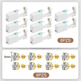 AOKUN Perforador de Orejas Desechable, 8 Piezas Pistola para Perforar Orejas sin Dolor,con Pendientes de Circonita de 5 mm,Estéril, Fácil de Usar y Segura,Puede Utilizarse Solo En Casa