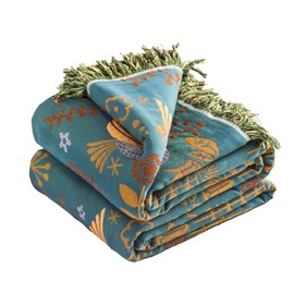 VANJOROY Boho Large Throw Blanket for Bed, 100% Cotton Soft Breathable Throw-Floral Bird Rustic Decor Blanket for Couch Sofa Quilt and Gift, 60" x 80"-Teal/Beige