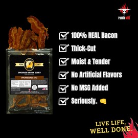 Bacon Jerky Gift Basket for Men | Bacon Jerky Variety Pack of Maple Bacon, Applewood Smoke, Spicy Sriracha & Maple Cinnamon – Packed into Unique Runnin Wild Burlap Bag | Gifts for Dad