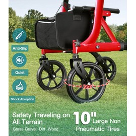 Farani All Terrain Walkers for Seniors - 10" Rubber Wheels, Compact Size Lightweight Foldable Rolling Walker with Seat, Reinforced Triangular Frame Rollator with Cup Holder, 300lbs Weight Capacity