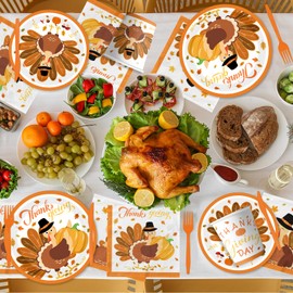 YTGUVBK Turkey Thanksgiving Paper Plates and Napkins, 144Pcs Thanksgiving Party Supplies Turkey Plates and Napkins Cups for Give Thanks Autumn Celebrations Fall Party Decorations