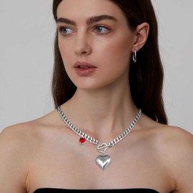 FILMOON Chunky Heart Necklace Silver Cuban Chain Necklace for Women Heart Pendant Necklace 18K Gold Plated Trendy Jewelry