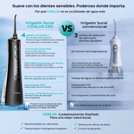 COSLUS CX50 Irrigador Bucal Portátil – Irrigador Dental Profesional con 4 Boquillas, 4 Modos, 5 Niveles de Presión Ajustables, Temporizador y Modo de Pulso (Presionar y Soltar) – Dispositivo de Cuidad