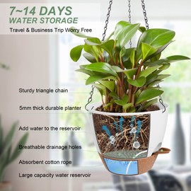 Vanslogreen 8 Inch Hanging Planters for Indoor Outdoor Plants, 2 Pack Self Watering Hanging Pot with Drainage Holes & Removable Tray Hanging Baskets Flower Pots for Garden Home (White)