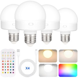 Rechargeable Battery Operated Light Bulb with Remote Control 4 Packs, 350LM Dimmable Detachable LED Bulb with 15 Colors Selectable & 3 Timer, Wireless Puck Light Bulb for Wall Sconce, Non-Hardwired