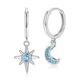 PATISORNA 925 Sterling Silver Earrings for Women,CZ Moon Star Silver Drop Earrings Small Huggie Hoop Earrings, Hypoallergenic Silver Dangling Drop Earrings Jewelry Gift