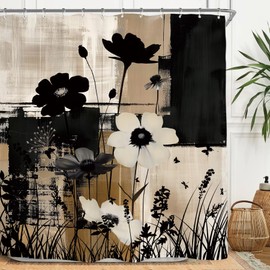 Miyotaa Abstract Modern Flower Shower Curtain Set 60Wx71H Inches Minimalist Neutral Contemporary Black Tan Brushstroke Art Wildflower Waterproof Bathroom Curtain with 12 Hooks