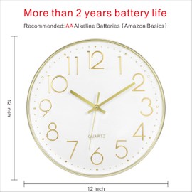 Foxtop 12" Modern Wall Clock Silent Battery Operated Analog Clock, Gold