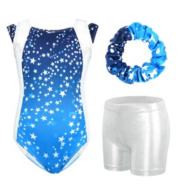 Gogokids Girls' Three Piece Gymnastics Set, Sleeveless Leotard with Shorts and Headband, Ballet Dancing Leotard Gymnastics Outfit with Sparkling for Girls, Sleeveless Jerseys for 3-12 Years, Blue Star