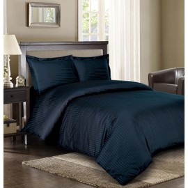 Royal Hotel's California-King Size Striped Navy 300-Thread-Count 3pc Duvet-Cover-Sets and 1pc Siberian Goose Down Comforter 100 Percent Cotton 100% Cotton