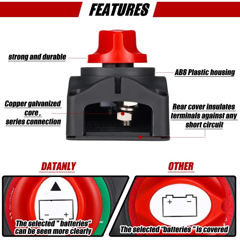 Datanly Battery Disconnect Switch 12v-48v with 2 Awg 12 Inch