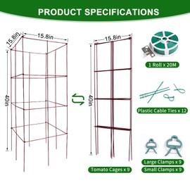 SUNYRISY 4Pack Metal Tomato Cages for Garden, 16" x 40" Tomato Stakes Trellis Plant Support with Plant Clips, Cucumber Trellis for Climbing Vegetables Flowers Fruits Vines, Green