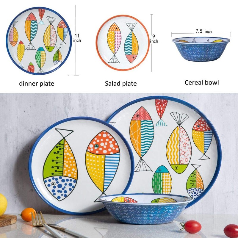 Gofunfun Melamine Dinnerware set for 4, Plates and Bowls Sets,